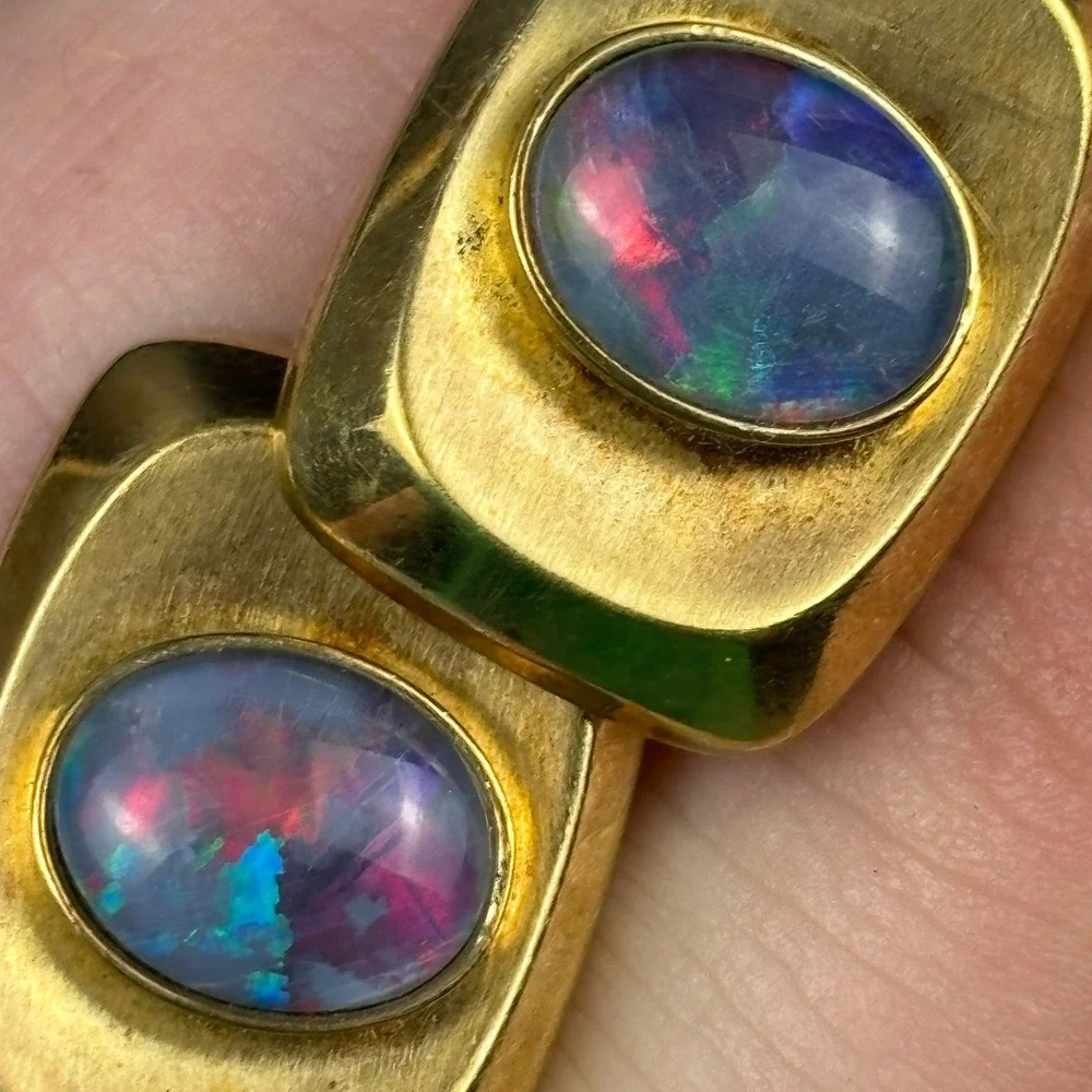 Vintage Rolled Gold Black Opal Cufflinks Oval Fire Inlay Mid Century Men's